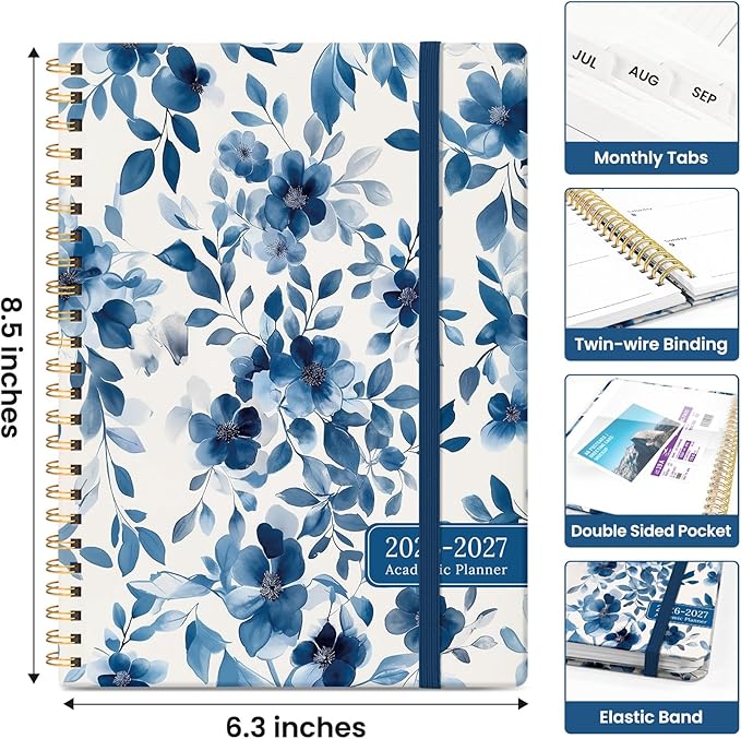 Planner 2026-2027, Academic Year Monthly and Weekly Calendar Planner, Jul 2026 - Jun 2027, Hardcover Teacher Student Planning Agenda book with Tabs, Perfect for School Office Supplies, 6.3" x 8.5" - Watercolor Petal