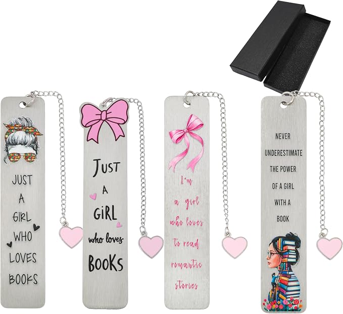Pink Bow Metal Bookmark Gift Silver Chain Pendant with Bow for Women's Christmas Gift Book Lover Book Accessories School Supplies Office Stationery (Bow Bookmark 4PCS)