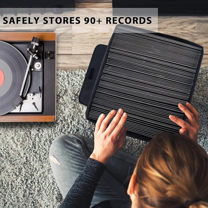 UENTIP Vinyl Record Storage Box for 12 Inch LPs, Holds up to 80 Albums, Collapsible Storage Crate with Lid & Handles for Valuable Album Collection (Black, 13 Inch)