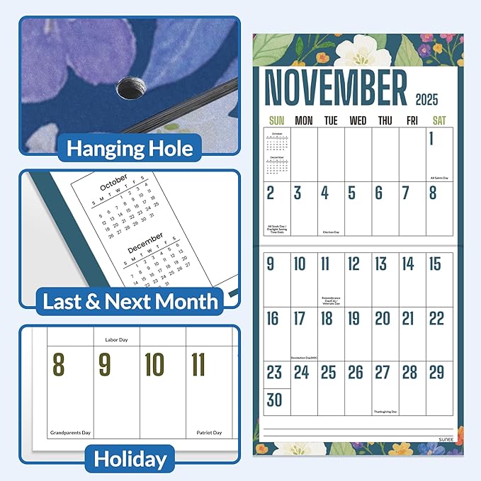 SUNEE Wall Calendar 2025-2026, Large Print Wall Calendar Sep.2025 - Dec.2026, 16-Months, Monthly Planner with Big Grid, Large Floral Colorful