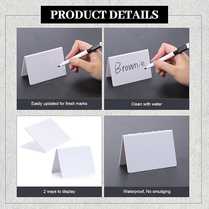Outus 12 Pcs 4 x 3 Inches Buffet Food Labels Mini Small Chalkboard Signs White Acrylic Food Markers Little Price Signs with 2 Pcs Erasable Marker for Wedding Birthday Bakery Table Display