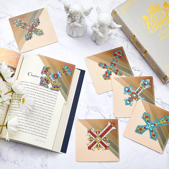 6 Pcs Cross Diamond Art Bookmarks Diamond Painting Bookmark Kits Cross Crystal Bookmarks 5d Rhinestone Crystal Painting Book Markers Gifts for Women Craft Read Office Home DIY Book Lovers