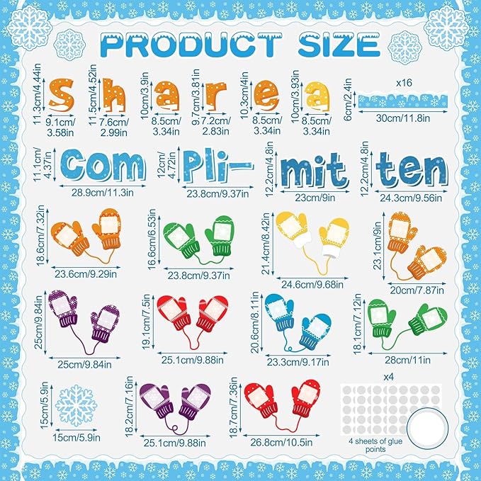 Funrous 45 Pcs Winter Bulletin Board Set Share a Compli-Mitten Interactive Classroom Decor Winter Gloves Snowflake Cutouts Christmas Bulletin Board for Holiday Party School Classroom Home Wall Decor