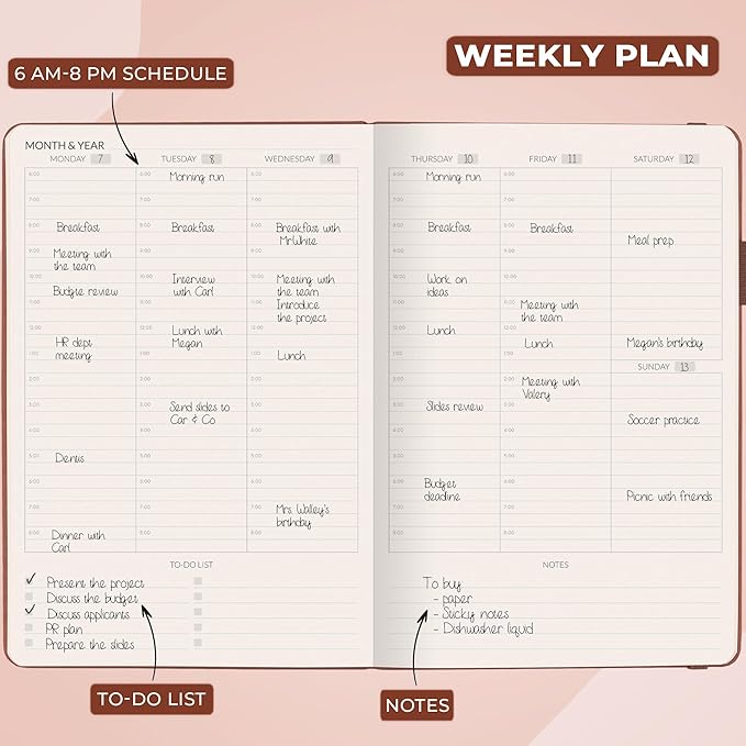 Skyline Hourly Weekly Planner – Undated Agenda & Daily Appointment Book – Time Blocking Notebook for Business Entrepreneurs, A5 (Dark Terracotta)