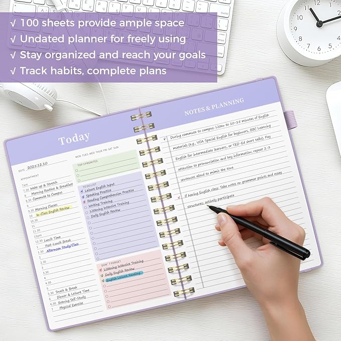 Oucaru Undated Daily Planner, 8.5"x11", A4 Size Spiral Notebook with Hourly Schedule, To Do List, Priorities, and Notes for Productivity - Easily Organize Your Tasks, Appointments & Goals for Women