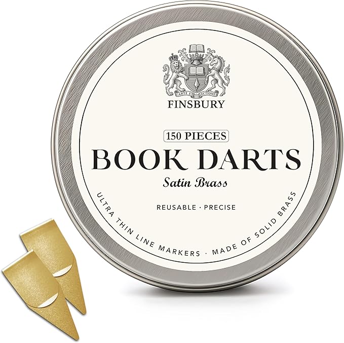 Gold Book Darts Line Markers with Protective Tin - Precision Mini Book Mark Page Markers for Reading and Study - Reusable & Archival Quality (Brass, 150)