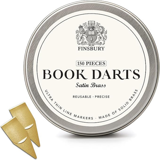 Gold Book Darts Line Markers with Protective Tin - Precision Mini Book Mark Page Markers for Reading and Study - Reusable & Archival Quality (Brass, 150)