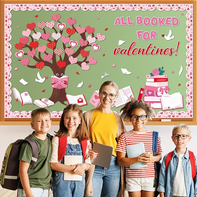 Valentine’s Day Bulletin Board Set Reading Bulletin Board Decorations All Booked for Valentines Classroom Decoration Pink Heart Books Tree Paper Cutouts for School Library Chalkboard Door Decor