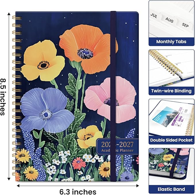 Planner 2026-2027, Academic Year Monthly and Weekly Calendar Planner, Jul 2026 - Jun 2027, Hardcover Teacher Student Planning Agenda book with Tabs, Perfect for School Office Supplies, 6.3" x 8.5" - Lavish Bloom