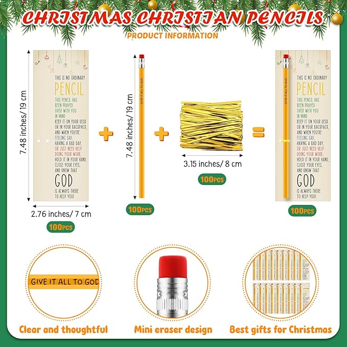 Fainne 100 Pcs Christian Pencils Gifts Bulk Verse Scripture Pencils with Cards Give It All to God Religious Church Gift for Christmas Prayer VBS Assumption Day Church Sunday School Teacher