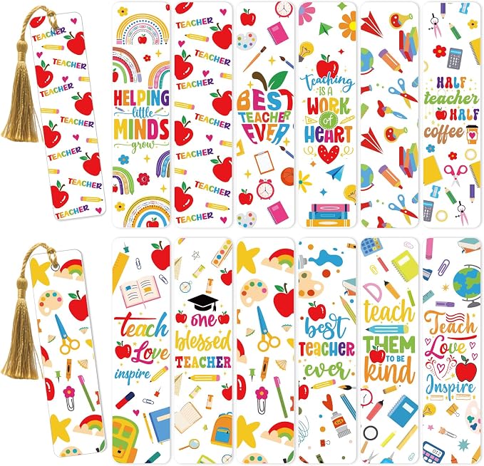 AFRITEE UV DTF Bookmark Wraps - 24 Sheets Boho Teacher Acrylic Bookmark Blank UV DTF Stickers, Book Pencil UV DTF Transfer Sticker Double-Sided Decals DIY Blanks Bookmarks Decor Gift for Teachers
