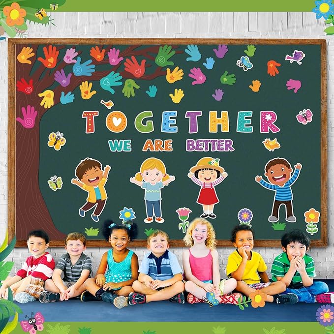 Pasimy Student Diversity Bulletin Board Sets Boho Classroom Decor Rainbow Equality Tree Handprint Cutouts Inclusion Multicultural Bulletin Board for Back to School Wall Door Decorations(Cartoon)