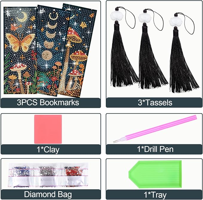 Anseal 3Pcs Mushroom Diamond Art Bookmarks DIY Leather Tassel Bookmark for Adult Christmas New Year Graduation Birthday Gifts