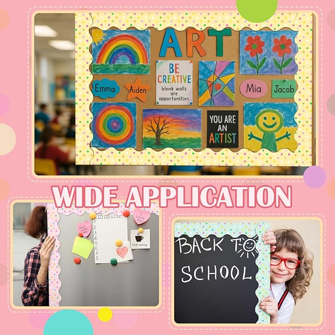 Mooliwe 131 Feet Pastel Dots Bulletin Board Borders Colorful Polka Dot Bulletin Border Board Rainbow Dot Wavy Scalloped Straight Trim Borders for Classroom Office Home Decor