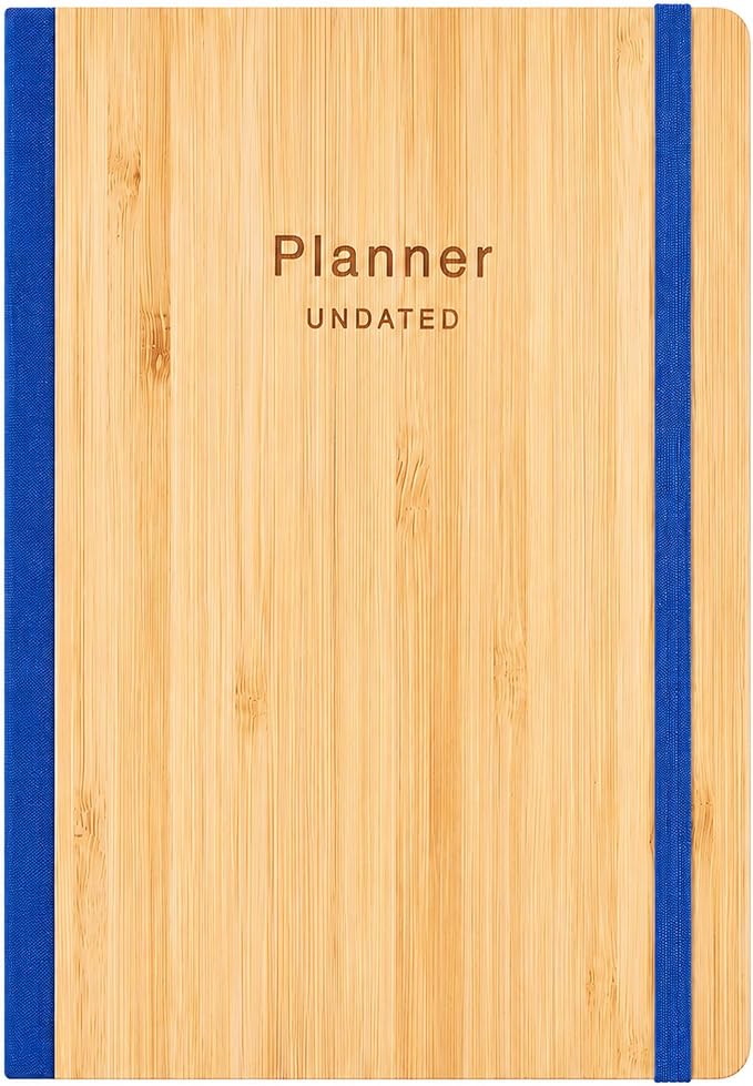 AUROPLANNER Bamboo Cover Undated Portable Planner Notebook – Daily, Weekly & Monthly Organizer, Lay-Flat A5 (5.7” × 8.3”), 100 GSM Paper, 160 Pages, 4-Month Layout (Blue)