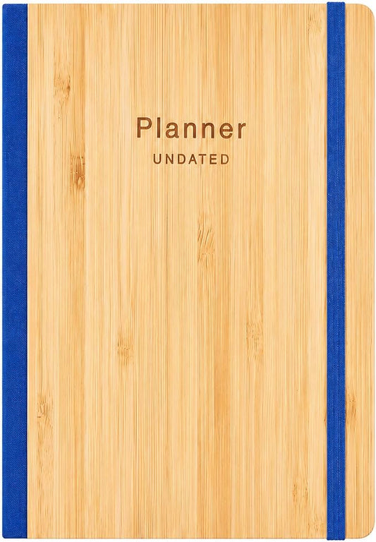 AUROPLANNER Bamboo Cover Undated Portable Planner Notebook – Daily, Weekly & Monthly Organizer, Lay-Flat A5 (5.7” × 8.3”), 100 GSM Paper, 160 Pages, 4-Month Layout (Blue)