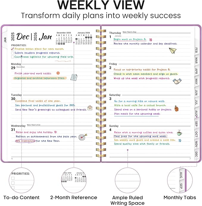 2026 Planner 8.5" x 11", Weekly and Monthly Calendar Planner Book, January 2026 - December 2026, Hardcover Spiral Planner with Monthly Tabs, Notes Pages, Perfect for Women & Men, A4 - Purple