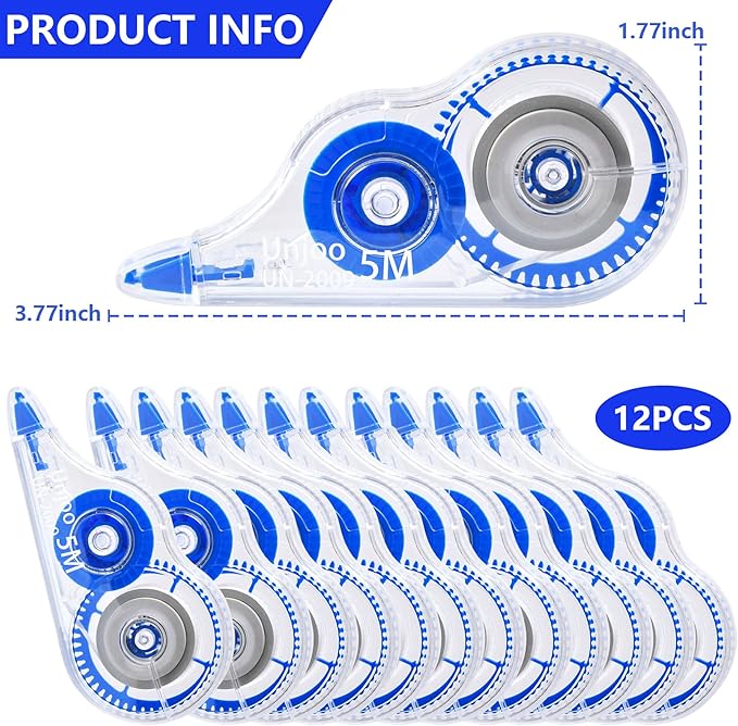 Unjoo White Correction Tape, Easy To Use Applicator for Instant Corrections Wrong Writing At Any Time, For school, Office (12pack, 5M/196" x 0.2", Blue)