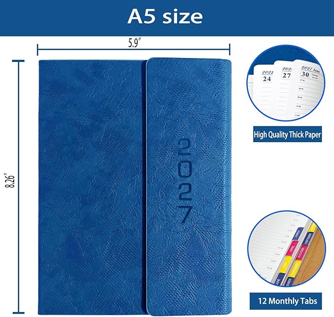 2027 Daily Planner -One Page per Day, Appointment Book 2027, Hourly Daily & Monthly Planner with Tabs(Jan-Dec 2027), 8.26'' x 5.9'' Calendar Planner, Leather Cover + Thick Paper (Blue)