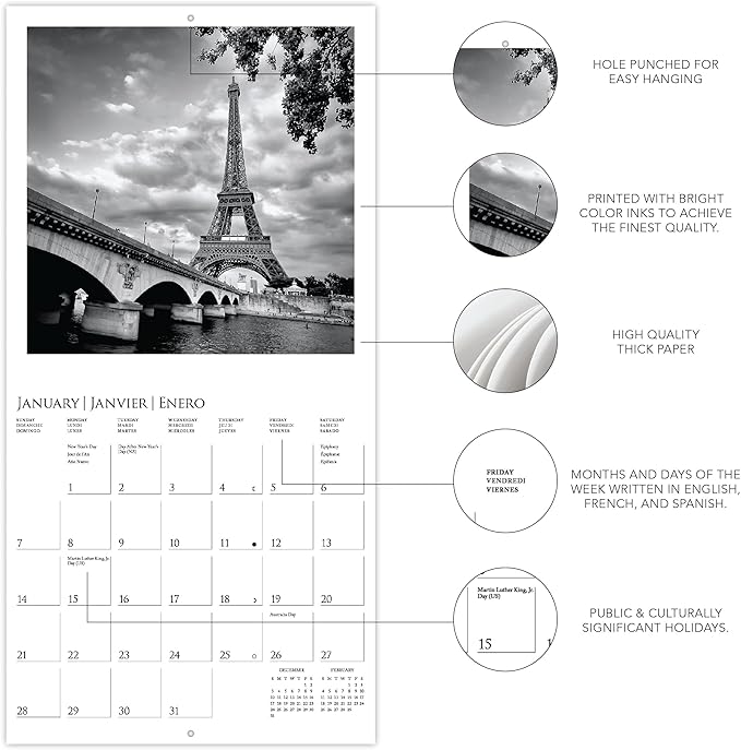 Graphique 2024 Paris Mini Wall Calendar | 7” x 7” | Thick Paper | Home & Office Organizer | Large Monthly Grid | 3 Languages & Marked Holidays | 4 Month Preview Page for 2025
