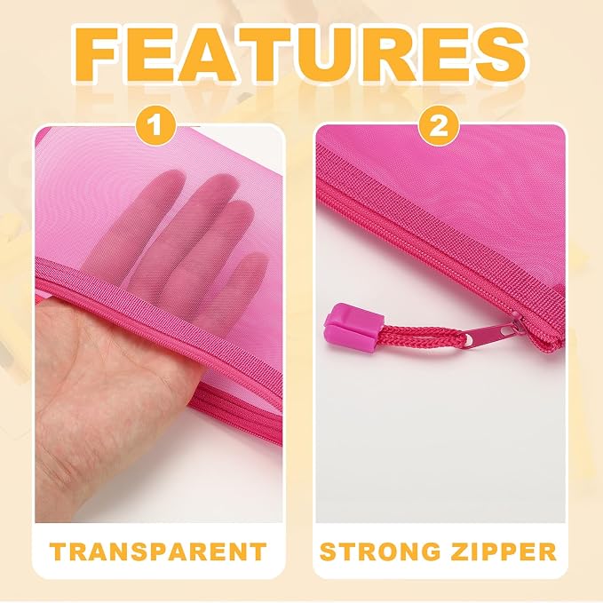 PATIKIL A6 Mesh Zipper Pouch Bags, 5 PCS Mesh Bags with Zipper Plastic Storage Pocket for Organizing File Beads Office Home Supplies, 10x20cm, Rose Red