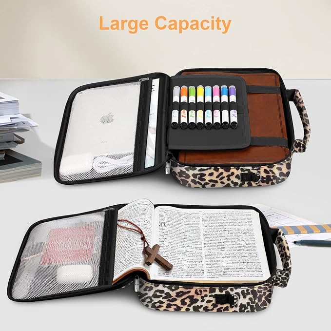 FINPAC Large Bible Cover w/Shoulder Strap, Carrying Book Case Church Bag Bible Protective w/Pen Slots and Zippered Pocket, Gift for Women Lady, Leopard