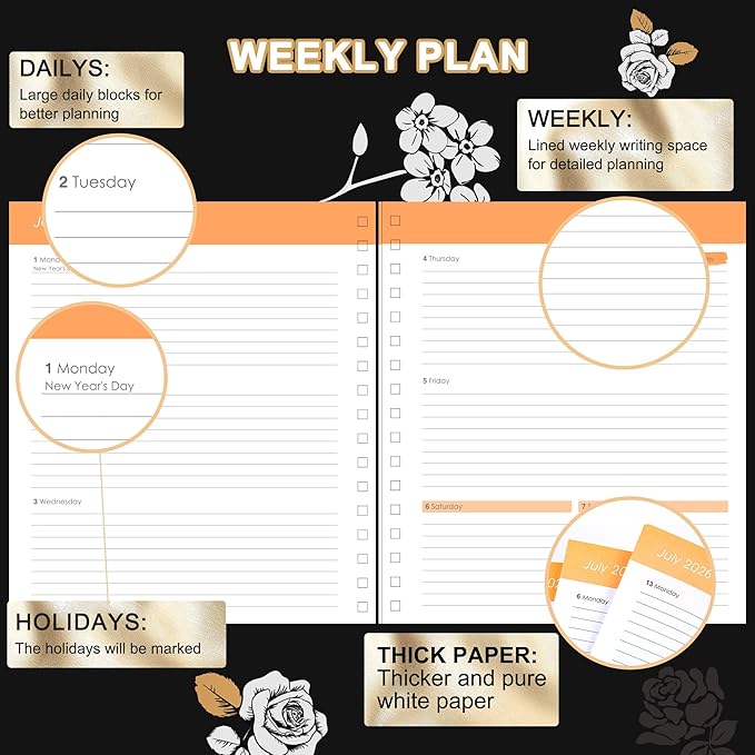 CAGIE 2026 Planner Weekly and Monthly Dec 2025–Dec 2026 Hardcover Planner with Pockets, 13 Month Large Black Flowers Calendar Planner with Stickers Tabs, Spiral Bound Yearly Calendar Planner for Women, 8.3" x 9.3"