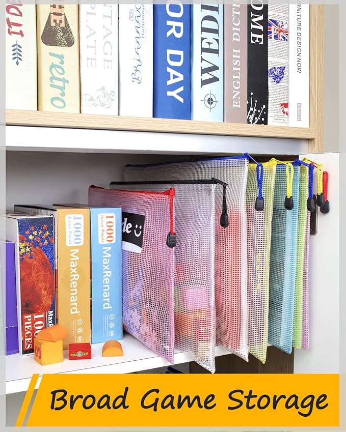 SUNEE Plastic Mesh Zipper Pouch 11x15 in (6 Colors, 12 Packs),Extra Large Water-Resistant Zip Bag for School Office Supplies, Puzzles & Games Organizing Storage
