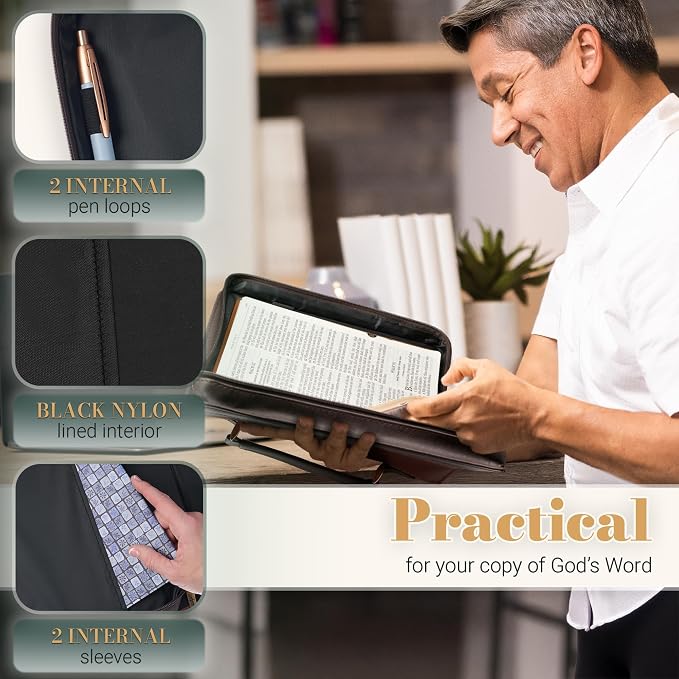 Christian Art Gifts Premium Classic Vegan Leather Inspirational Bible Cover for Men & Women: I Will Carry You Encouraging Golden Scripture, Lighthouse Ocean Theme, Pen Loops, Pockets, Brown, Large