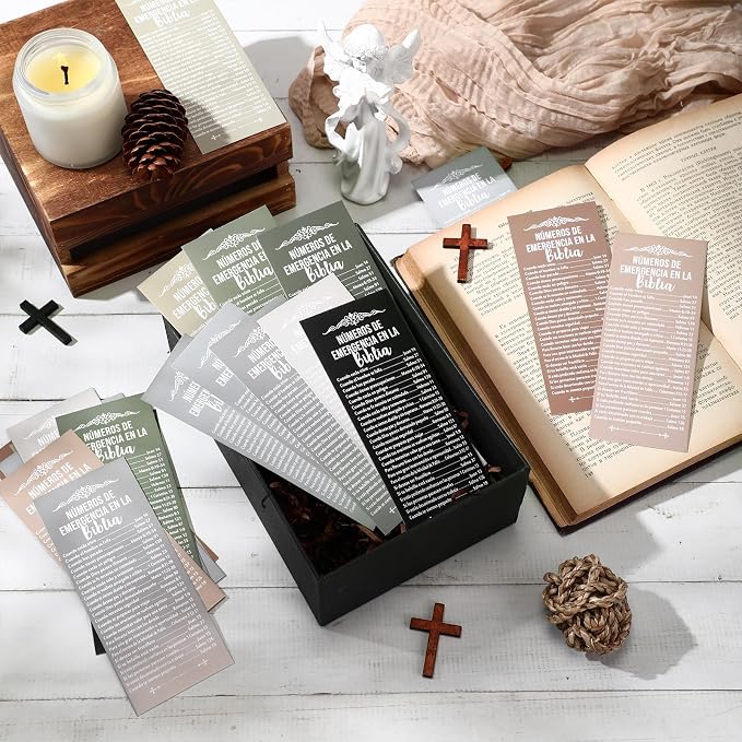 Motiskyy 100 Pcs Spanish Bible Emergency Numbers Bookmark Christian Church Gift 6 x 2.36 Inches Religious Fathers' Day Gift for Church Favor Welcome Sunday School Teacher(Morandi Color)