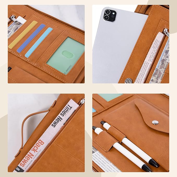 Calfinder Leather Padfolio Portfolio Binder, Zippered Padfolio with Handle for Men Women, A4 Letter Size Business Binder, Padfolio Folder Organizer for Interview Notebook Tablet