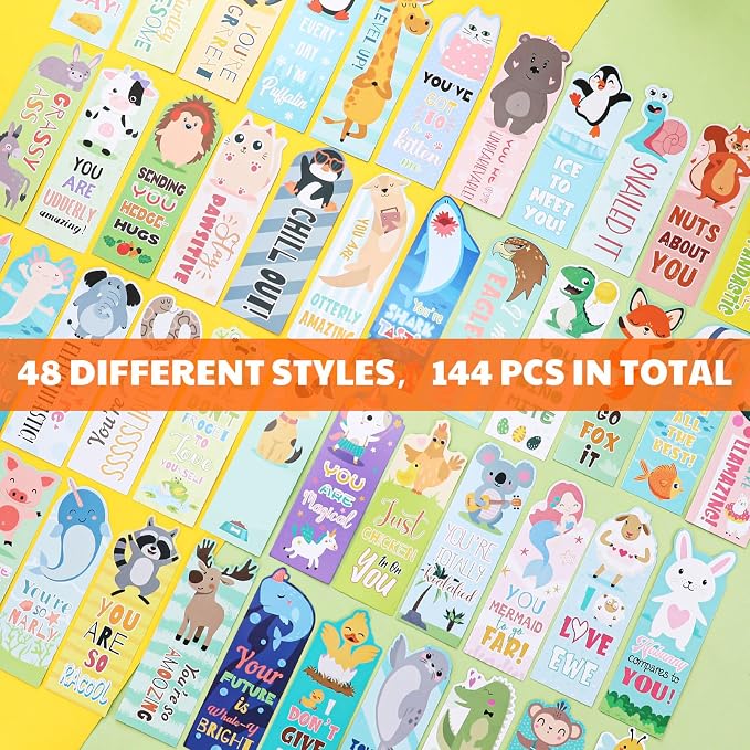 144 Pcs Bulk Animal Pun Bookmarks 2 x 6 Double Sided Page Markers with Funny Words Cute Assorted Forest Sea Animal Motivational Bookmarks for Kids Back to School Gifts Reading Birthday Teacher Reward