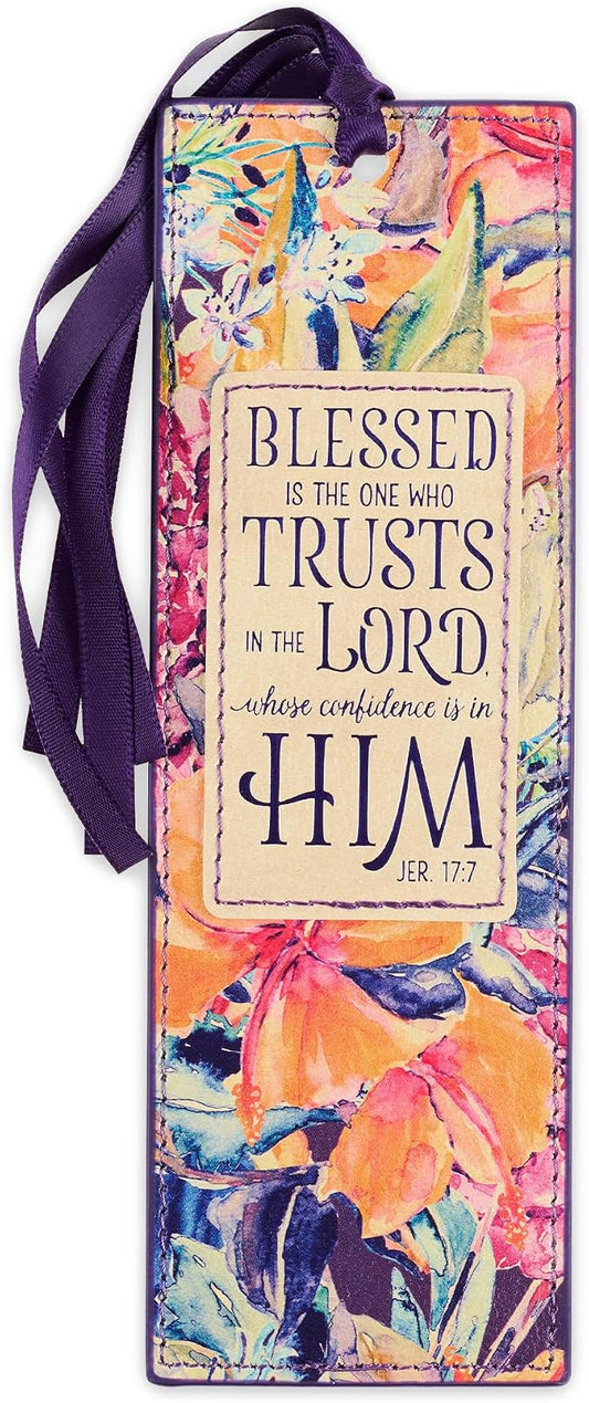 Christian Art Gifts Premium Vegan Faux Leather Scripture Bookmark for Women: Blessed Is The One - Jeremiah 17:7 Inspirational Bible Verse, Faith-Based Reading Book Accessory with Tassel, Purple Floral