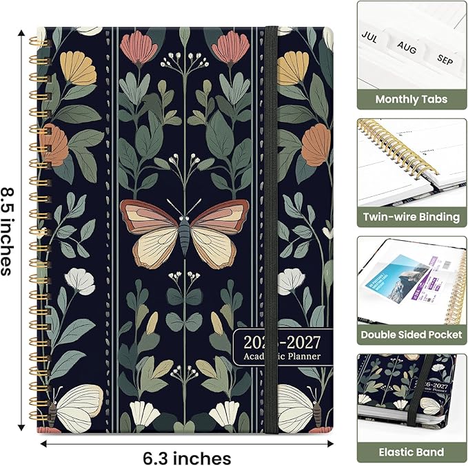 Planner 2026-2027, Academic Monthly and Weekly Calendar Planner for Women, July 2026 - June 2027, Hardcover Pretty Agenda Planner Book with Tabs, Spiral Daily Organizer for School Office Home Supplies, 6.3" x 8.5" - Butterfly Tapestry