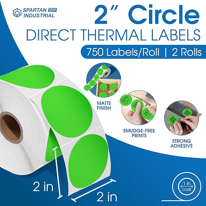 Spartan Industrial - 2" Circle Fluorescent Green Direct Thermal Labels (1500 Count, 2 Rolls) - 2 Inch Color Thermal Labels for Logos, Packaging, Branding - Compatible with Zebra and Rollo Printers