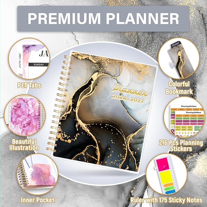 Planner 2026-2027, Large 18 Months Academic Daily Weekly Monthly Planner Yearly Agenda Jan. 2026–June. 2027, 7.9" x 9.8", Page Tabs, Separator Page, Pocket Folder, Bookmark, Stickers, Sticky Note Set