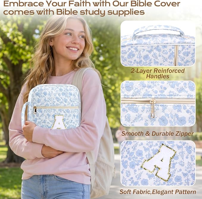 XKDOUS Bible Cover for Women Quilted Bible Bag Church Book Carrying Case with Letter A, Handle, Study Supplies Organizer Portable Church Book Carrier Christian Gifts for Mom, Lady
