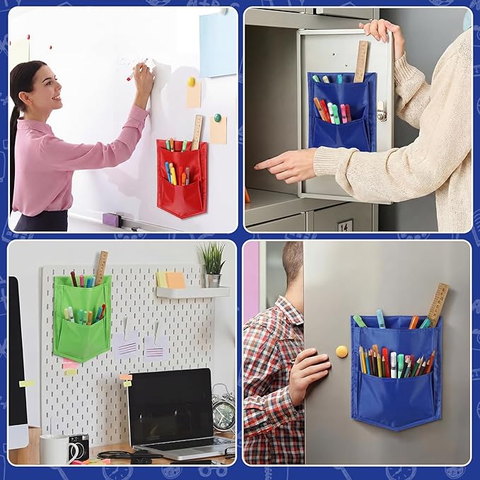 3 Pcs Rainbow Color Magnetic Whiteboard Storage Pocket 8"L x 10.6" H Nylon Classroom Organizer with Magnetic Office Supplies Stationery Storage Organizer for Whiteboard Magnetics Glassboard