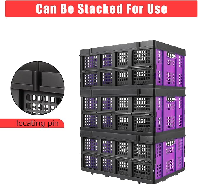 Heavy Duty Collapsible Storage Crate 55L – Stackable Collapsible Plastic Bin with Handles – Multi-Purpose Organizer for Home, Kitchen, Garage, Office, Camping – Extra-Thick Design – Purple