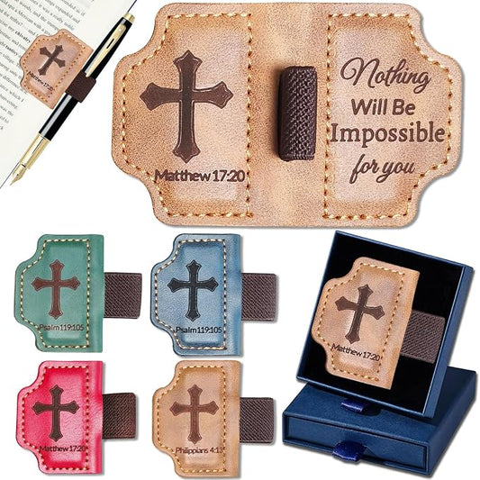 Bygone Mark Personalized Magnetic Leather Bookmark with Pen Holder,Inspirational Bible Verse Religious Bookmarks,Christian Book Lovers Reading Accessory for Men Women (Brown, Matthew 17:20)