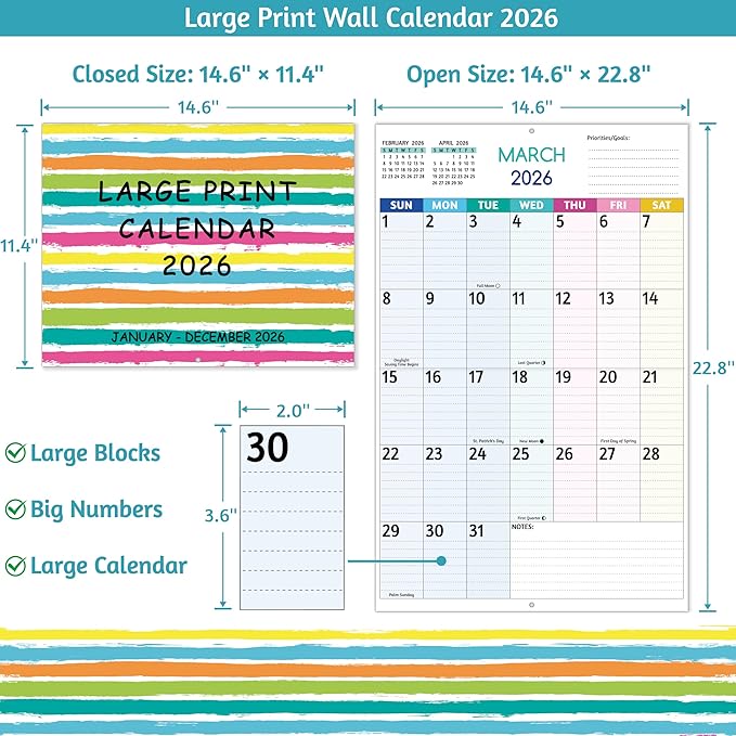 2026 Wall Calendar - Large Print Calendar 2026, 12 Monthly Calendar, Jan. 2026 - Dec. 2026, 14.6 x 22.8 In (Open), 2026 Calendar with Big Numbers, Large Grid, Notes, Moon Phases, Great for Planning