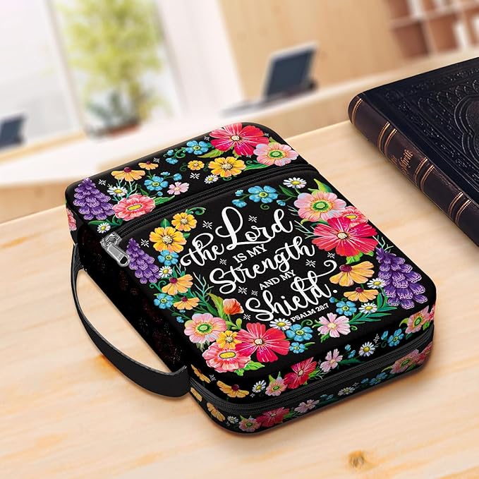 Floral Faith Bible Cover for Women with Handle and Zipper Pocket, Canvas Scripture Case with Psalm Verse, Fits Standard Size Bible, Christian Gift for Mom Daughter Church Use