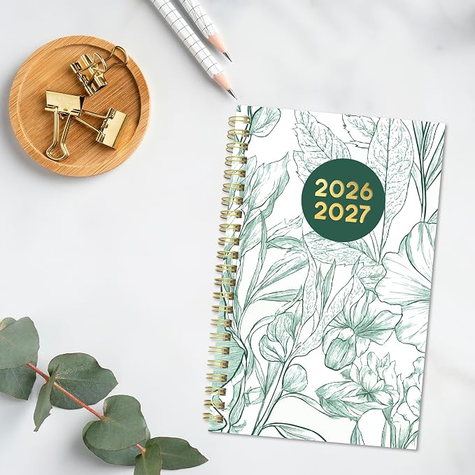 Blueline® Essential Academic Weekly/Monthly Planner, 13 Months, July 2026 to July 2027, Gold Twin-Wire Binding, Poly Cover, 8" x 5", Floral Design, Green (CA114PM.02)