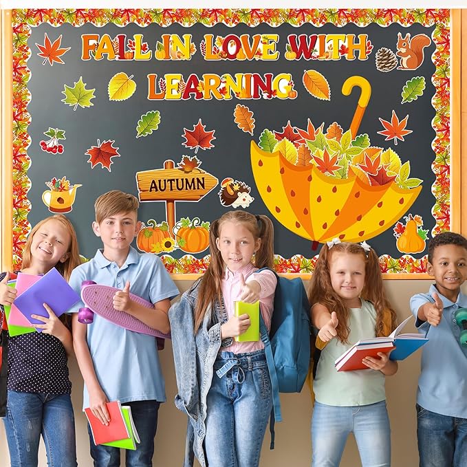 Fall Bulletin Board Decorations Fall in Love with Learning Classroom Bulletin Board Set Autumn Maple Leaves Umbrella Pumpkin Cutouts for School Office Home Wall Thanksgiving Decor