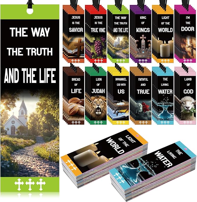 PerKoop 60 Pcs Name of Jesus Christian Bookmarks Bulk VBS Scripture Religious Bookmarks with Ribbons Light of The World Church Bookmark Gift for Women Men Church Sunday School Party Favors