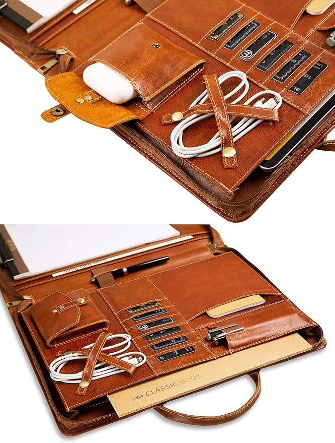 Oil Wax Leather Portfolio, Padfolio Organizer with Handle, Personalized Padfolio，Padfolio with Zipper for Men Women，Suitable for 15-inch Laptop Legal Pad Padfolio, Brown