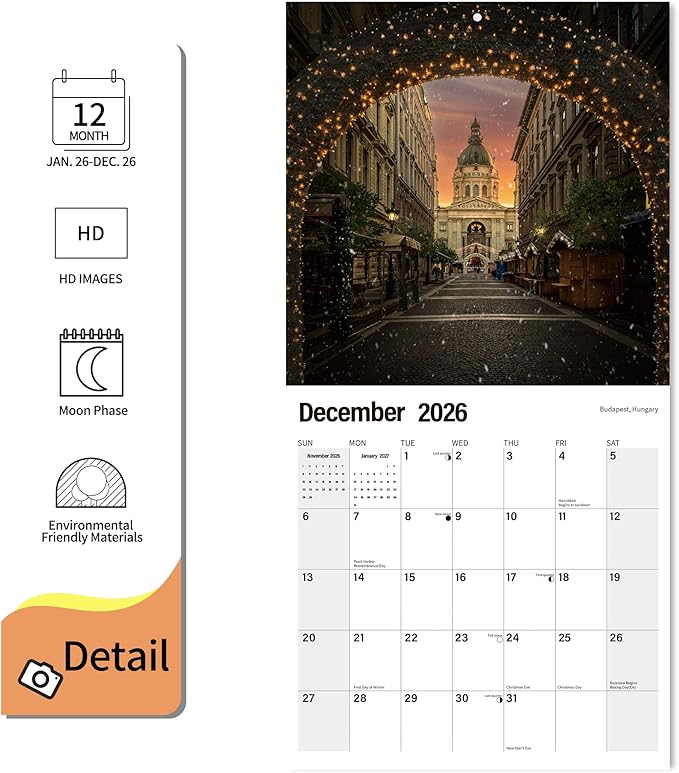 Wall Calendar 2026 Planner Calendar - Europe Destination Hangable Monthly Wall Calendar with Large Blocks for Organizing & Planning, Academic Schedule, Home, Office & family, Thick & Sturdy Paper (12"x24" Open)