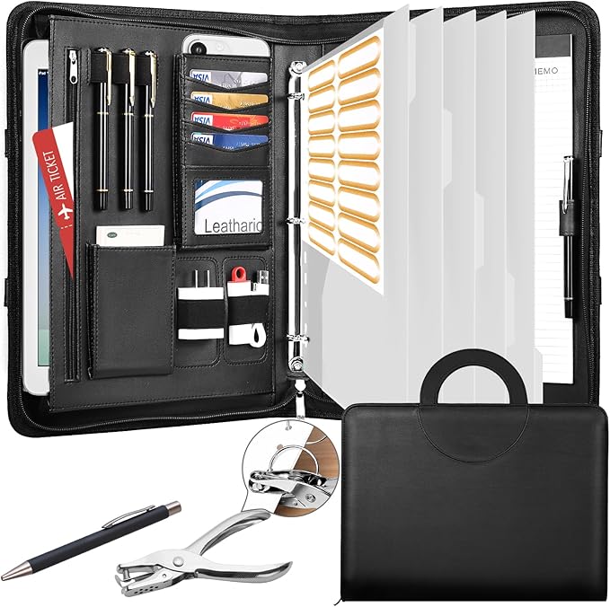 Leathario Portfolio Binder, Includes 5 Folder Index Dividers,1 Hole Punch,13 Inch Tablets Organizer with Handle, Vegan Leather A4 Padfolio, Multi-Pocket Notepad Business Planner Professional Document