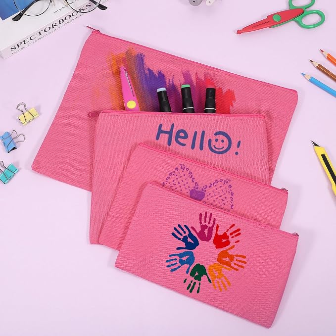 12 Pieces Cotton Canvas Makeup Bag, Multipurpose Cosmetic Bag with Zipper Travel Toiletry Pouch, Blank DIY Craft Bag (Hot Pink, L)