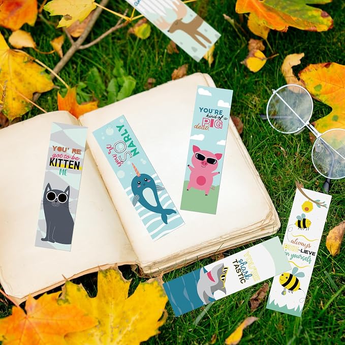 24 Pcs Animal Pun Bookmarks, Motivational Paper Book Marks Fun Bookmarks for Reading Kids, Book Marks for Kids Bulk, Classroom Rewards (5.5 * 1.6)